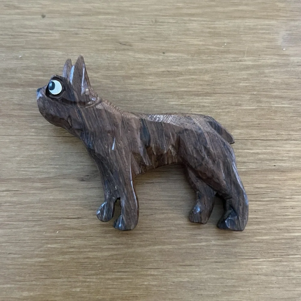 Vintage 1950s Wood Carved French Bulldog Frenchie Dog Brooch Pin Handmade